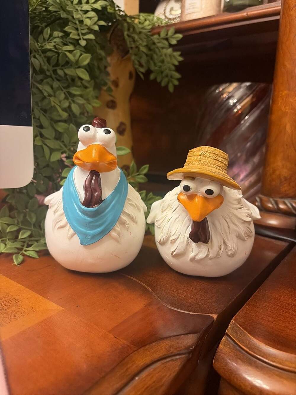 Funny Farm Garden Chicken Resin Figurines Set of 2 with Blue Bandana and Straw H